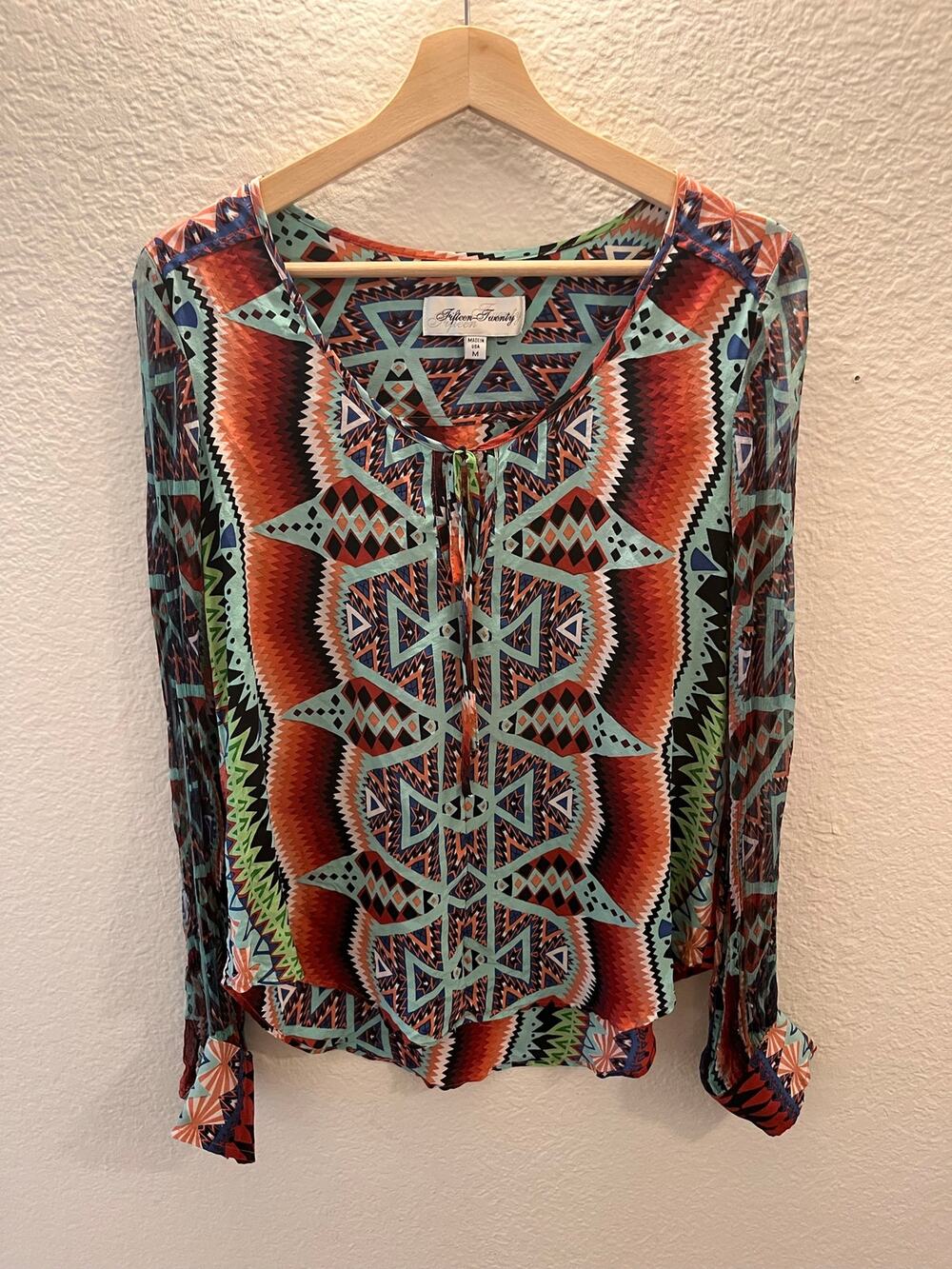 Fifteen Twenty 100% Silk Aztec Geometric Boho Blouse USA M Southwestern Festival